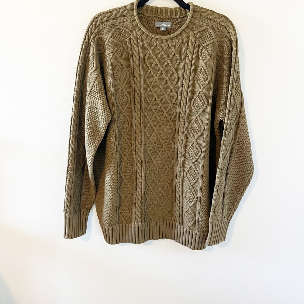 LL Bean Signature Mens XL Cotton Linen Cable Knit Sweater Olive Brown 290047